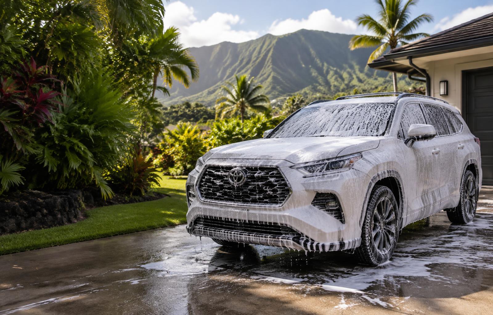 Foam-covered SUV in a lush Kauaʻi driveway — illustrative detailing image